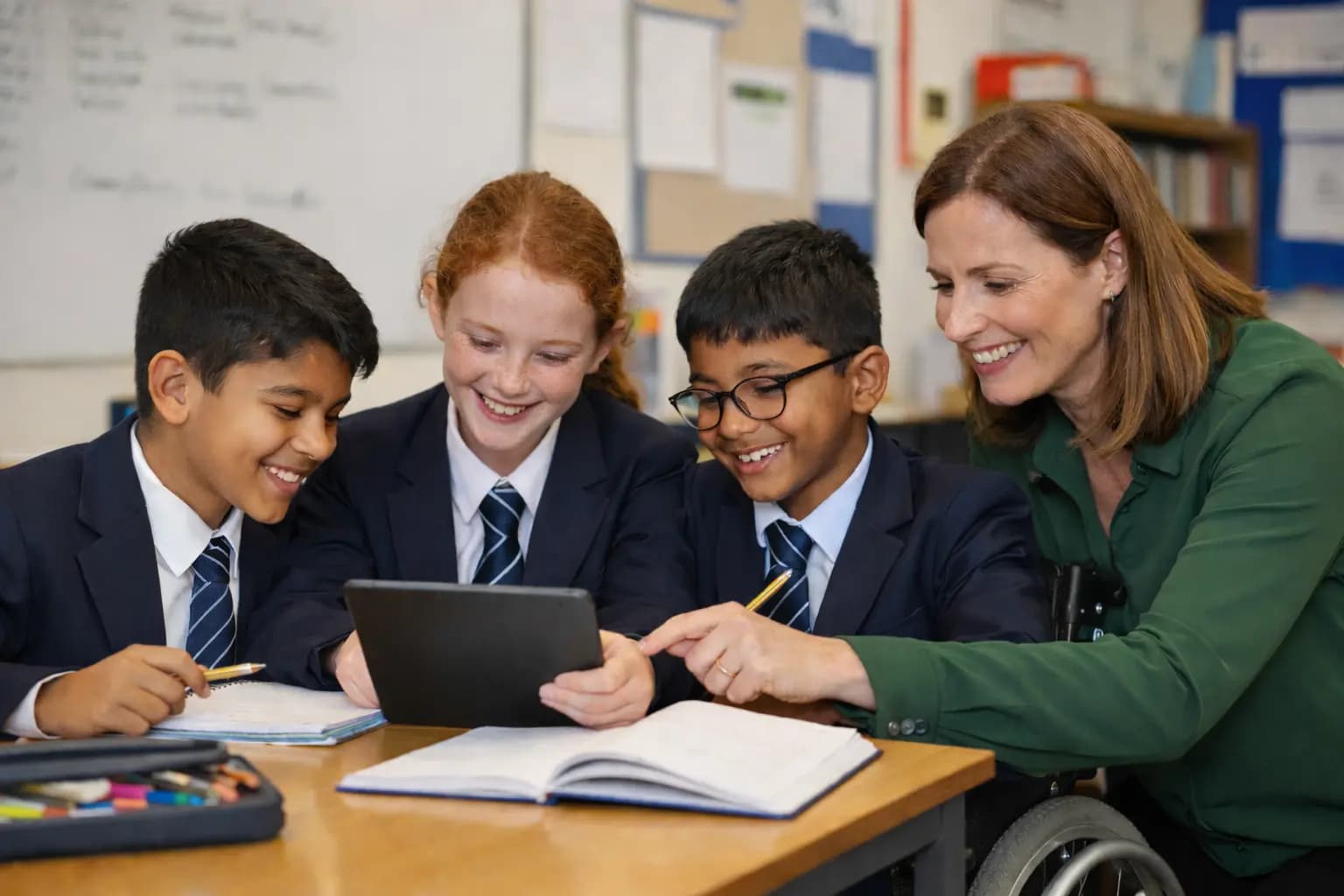 Students working together with a teacher in a UK classroom